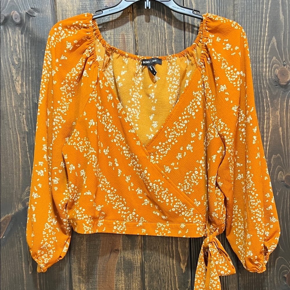 BCBG Paris Orange Floral Wrap Top XL Boho Festival Coquette Textured Cropped
